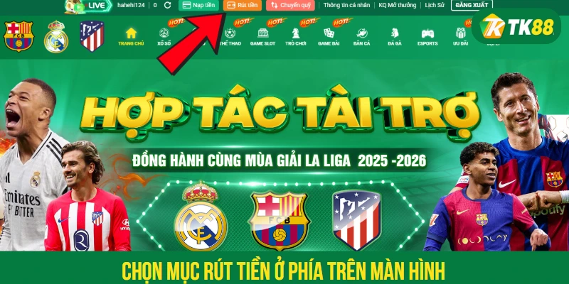 Chọn mục rút tiền ở phía trên màn hình