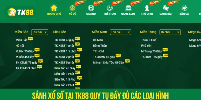 Sảnh xổ số tại TK88 quy tụ đầy đủ các loại hình